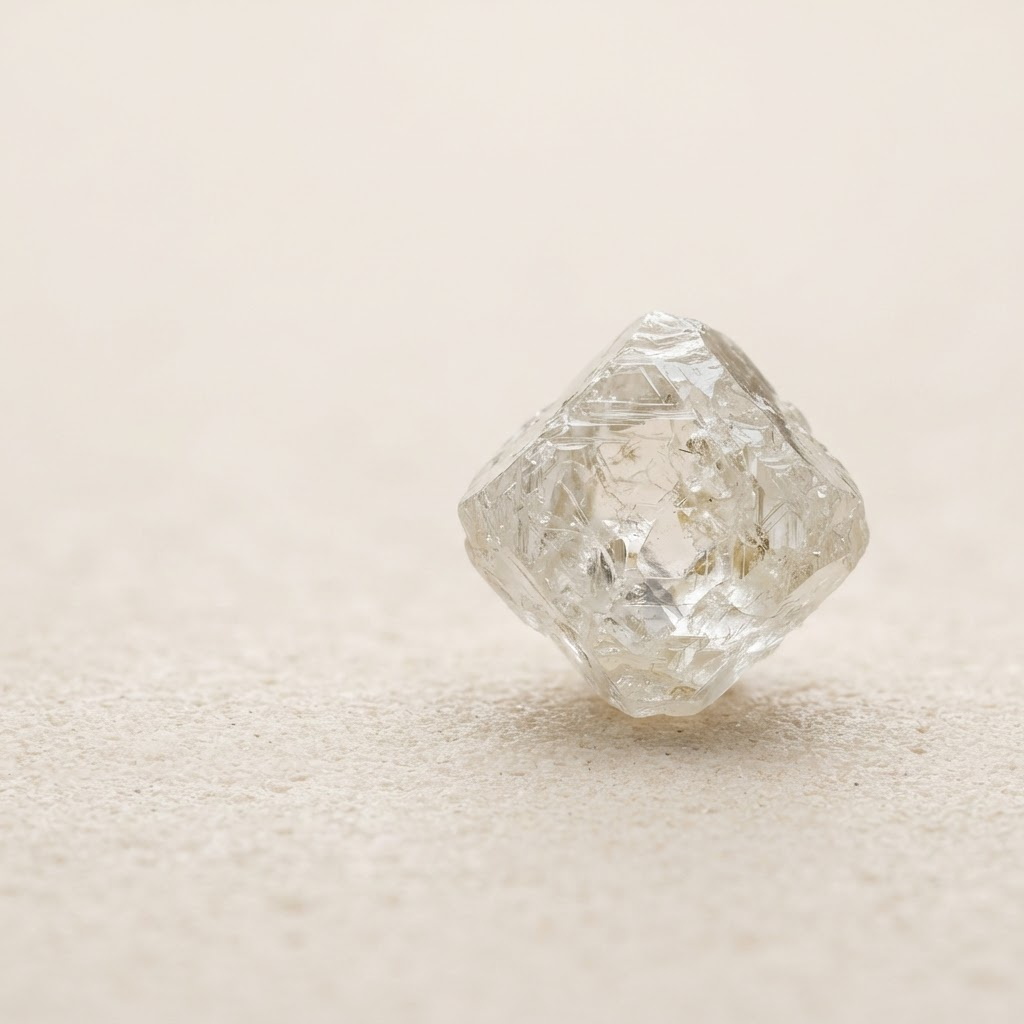 A rough uncut diamond crystal in dark rock, catching a single shaft of light