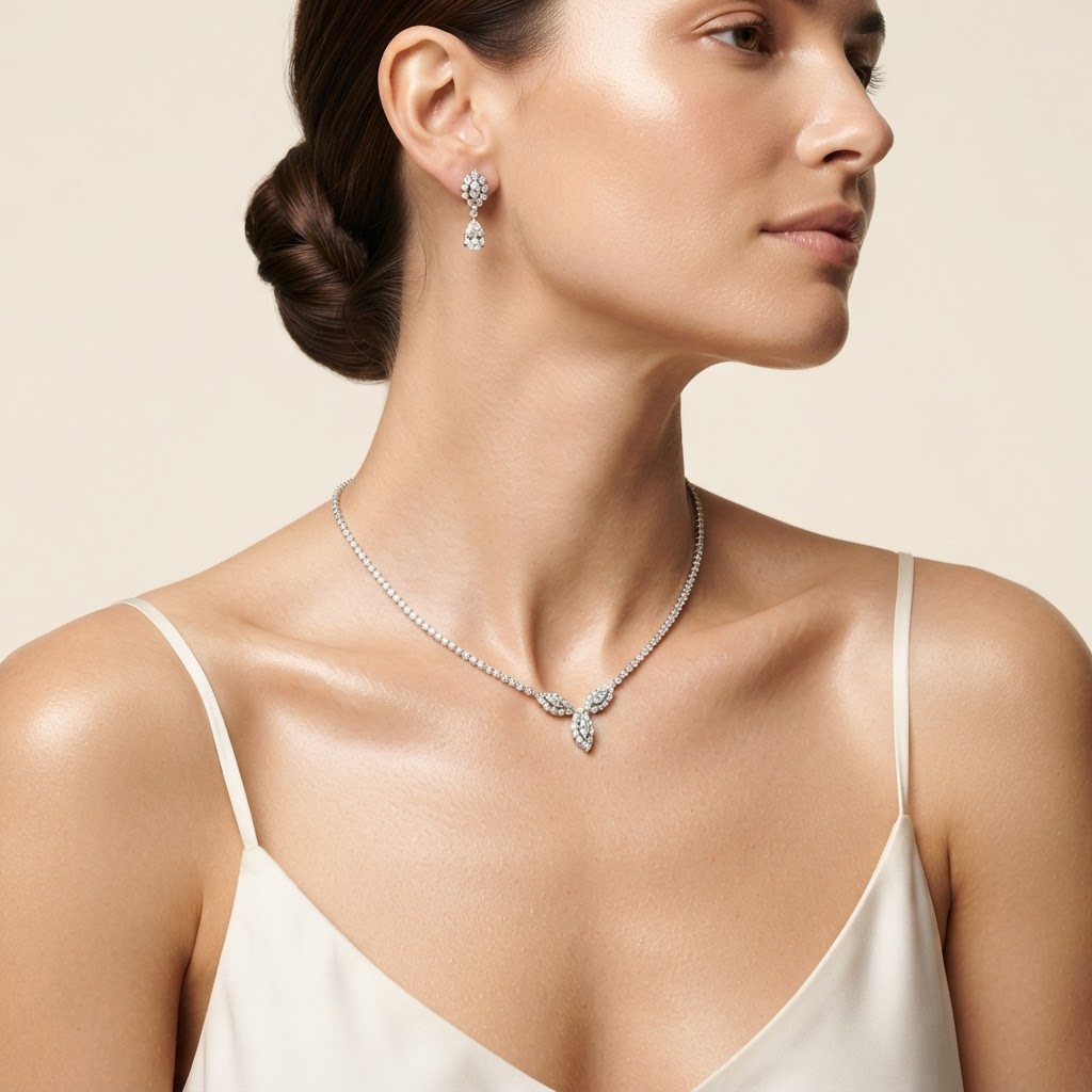 An editorial close-up of a diamond necklace and earring worn on the neck