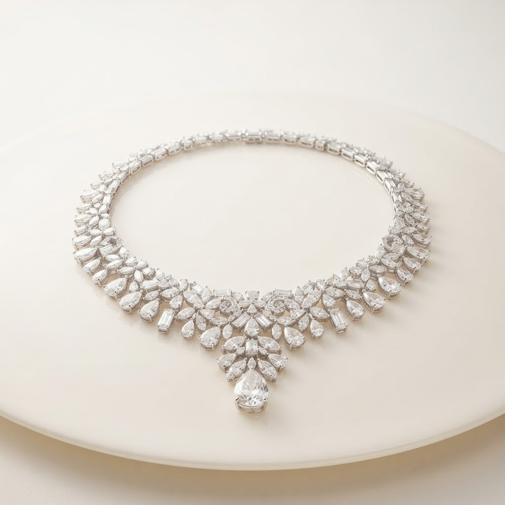A diamond and platinum necklace arranged on an ivory surface