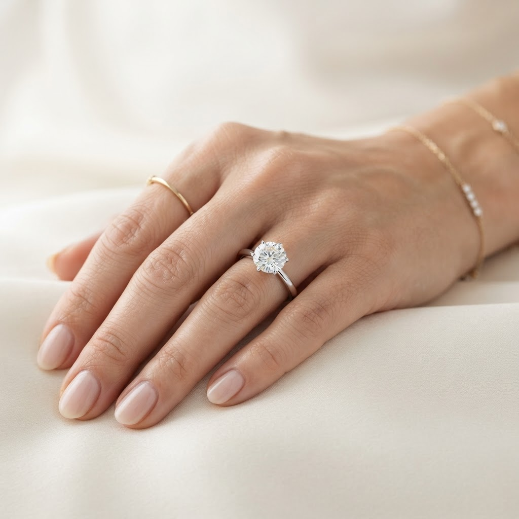 A hand wearing a diamond solitaire ring resting on ivory fabric