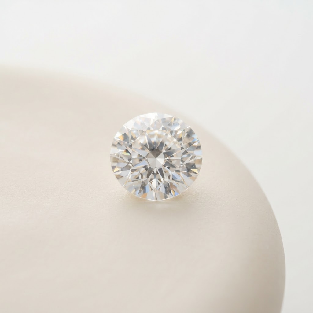 A single loose round brilliant diamond on an ivory surface